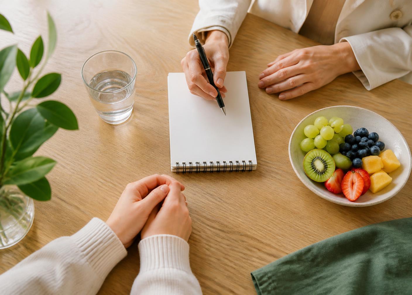 Dietitian discussing a personalised nutrition plan with a client across a consultation table