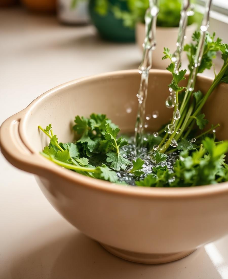 Fresh herbs and greens being washed in a ceramic bowl