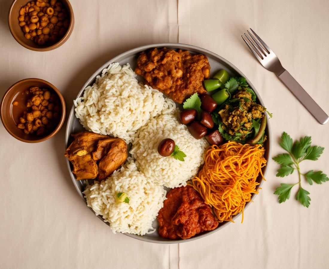 Portion-balanced Indian thali of everyday home-style dishes