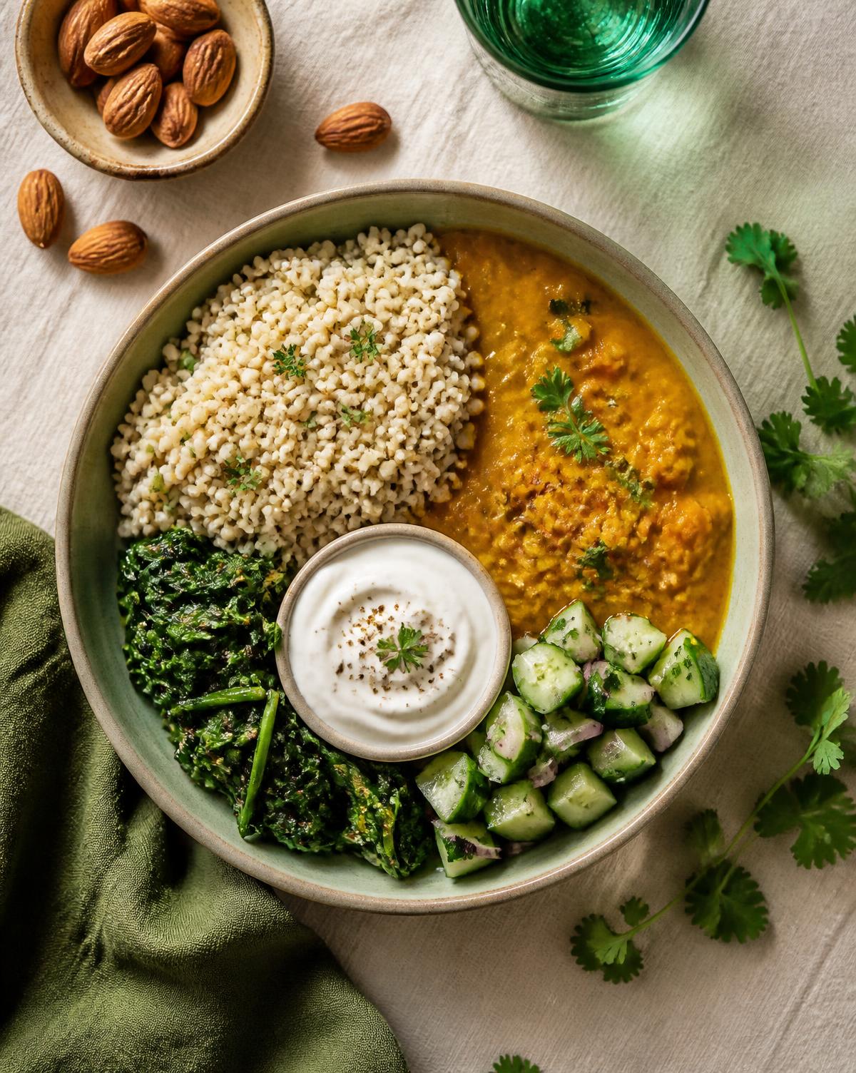 Balanced Indian meal bowl with millet, dal, sautéed greens, cucumber salad and curd
