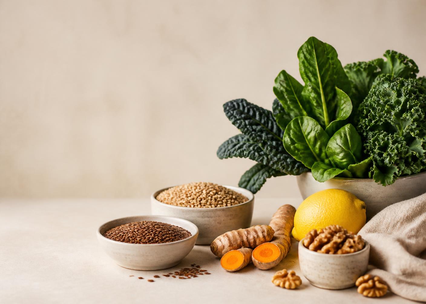 Fresh whole ingredients including leafy greens, whole grains, flax seeds, turmeric and walnuts